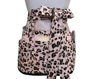 Pink Leopard Print Half Apron – Gold Accents, Six Pockets