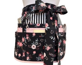 Cute Shabby Chic Pink and Black Floral Teacher Apron with Pockets and Zipper, Waitress Apron, Vendor Apron, Server Apron, Money Apron