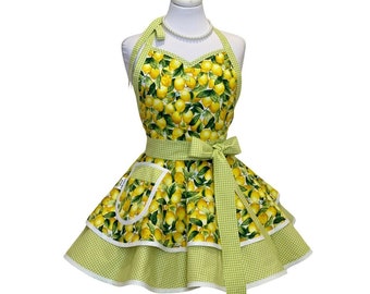 Womens Cute Lemon Kitchen Apron - Flirty Retro Pinup Apron with Pockets - Personalized Gift for Wife or Girlfriend