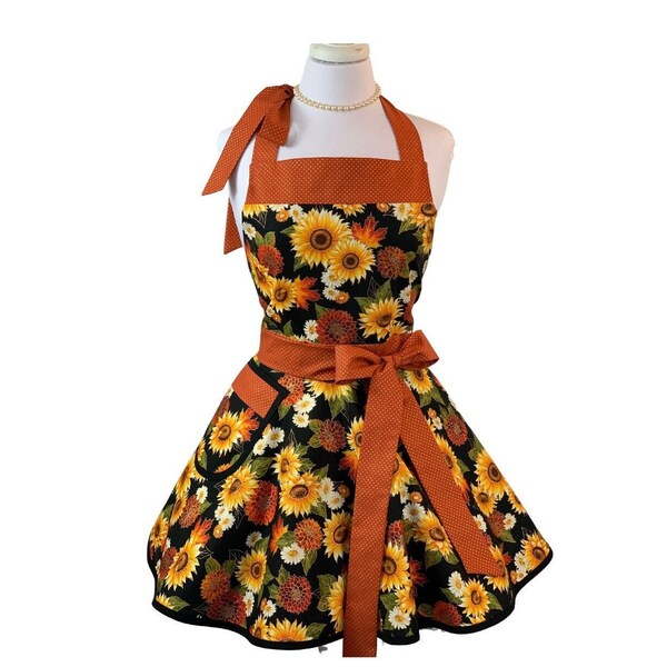 Women's Flirty Fall Floral Apron - Cute Retro Thanksgiving Kitchen Apron - Fun Baking Apron - Personalized Gift for Wife or Mom