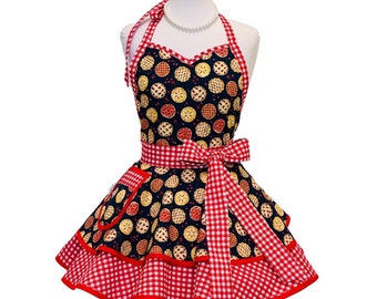 Womens Cute Cherry Pie Kitchen Apron - Flirty Retro Pinup Apron with Pockets - Personalized Gift for Wife, Mom and Friends
