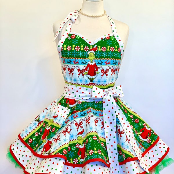 The Grinch Christmas Retro Pin Up Apron with Pocket - Flirty Christmas Kitchen Apron - Personalized Gift for Family and Friends