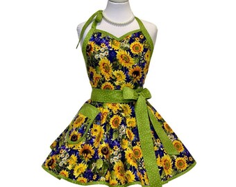 Tablier pin-up tournesol pour femme - Joli tablier de cuisine rétro - Grande taille disponible - Cadeau personnalisé pour femme, petite amie