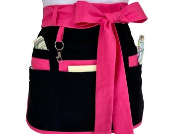 Hot Pink and Black Teacher Vendor Apron with Pockets and Zipper, Waitress Apron, Server Apron, Money Apron, Crafter Apron, Gardening Apron