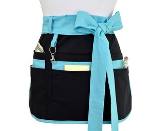 Black and Aqua Teacher Vendor Apron with Pockets and Zipper, Waitress Apron, Server Apron, Money Apron, Crafter Apron, Gardening Apron