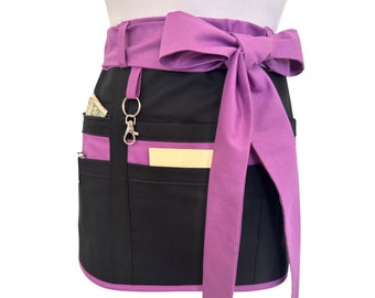 Tablier de professeur violet et noir avec poches et fermeture à glissière, tablier de serveuse, tablier de serveur, tablier d'argent, tablier d'artisan, tablier de jardinage