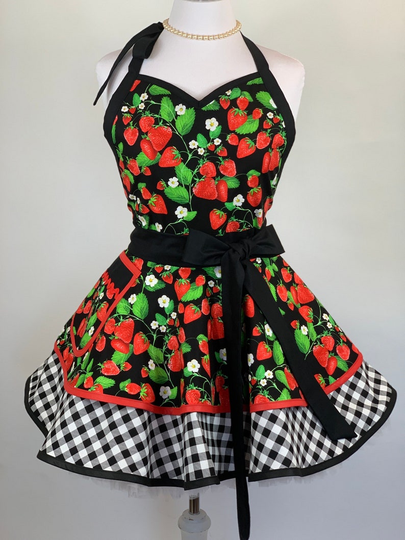 1950s Apron History: Tea Apron, Half Apron, Cobbler Apron Womens Retro Strawberry with Gingham Check Pin Up Kitchen Apron - Plus Size Apron Available - Personalized Gift for Family and Friends $60.00 AT vintagedancer.com