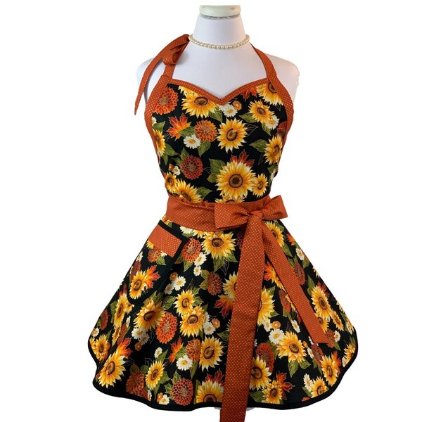 Womens Fall Floral with Sunflowers Apron - Flirty Thanksgiving Apron with Pocket - Personalized Gift for Wife, Mom and Friends