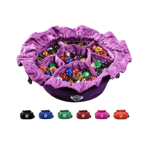 May include: A purple velvet drawstring dice bag with multiple internal compartments filled with assorted multi-colored polyhedral dice. Below the main bag are six smaller drawstring bags in black, blue, green, red, pink, and orange colors.