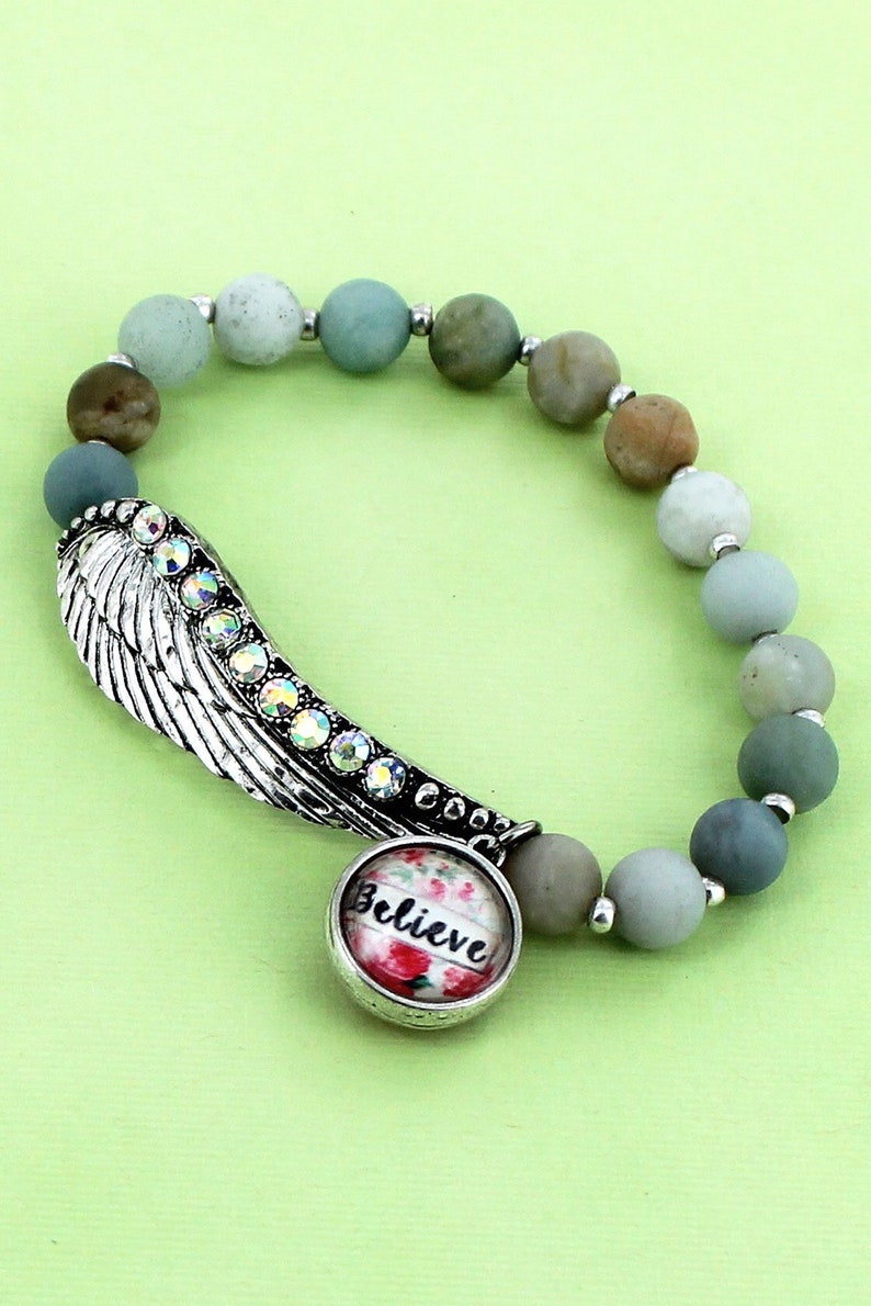 Crystal Wing with /'Believe/' Charm Amazonite Beaded Stretch Bracelet
