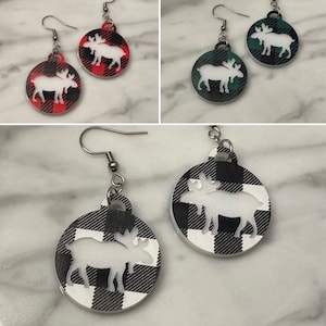 Engraved Moose Buffalo Plaid Acrylic Earrings - Buffalo Plaid - Buffalo Check - Patterned Acrylic - Christmas