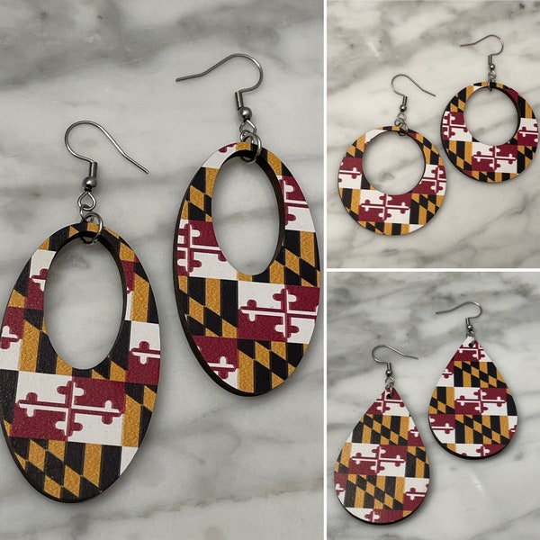 Maryland Flag Wood Earrings - Oval, Round, Teardrop - MD State Flag - Patterned Wood