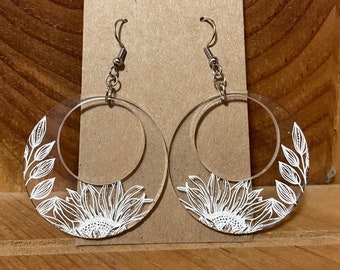 Engraved Sunflower Clear Acrylic Earrings - Oval - Teardrop - Round- Painted Engraving - Gift - Summer
