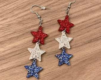 Glitter Star Trio 4th of July Earrings - Red, White and Blue Stacked Dangle Earrings - Patriotic Earrings - Independence Day Earrings