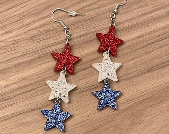 Glitter Star Trio 4th of July Earrings - Red, White and Blue Stacked Dangle Earrings - Patriotic Earrings - Independence Day Earrings