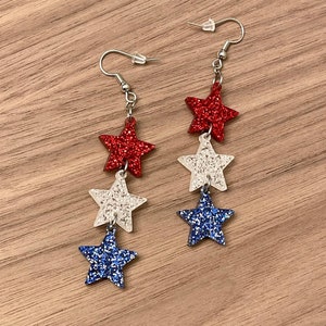 Glitter Star Trio 4th of July Earrings - Red, White and Blue Stacked Dangle Earrings - Patriotic Earrings - Independence Day Earrings