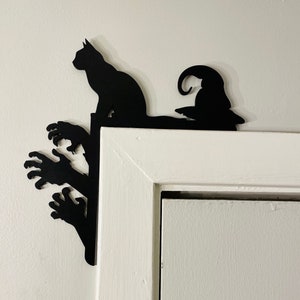 Halloween Door Corner Decor – Spooky Black Cat, Witch Hat, Zombie Hands