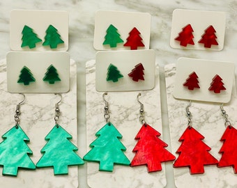 Christmas Tree Pearl Earrings - Festive Holiday - Dangle and Stud Earrings - Christmas - Xmas Gift - Pearl Acrylic