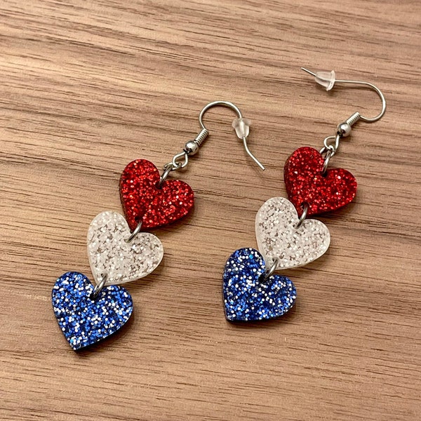 Glitter Heart Trio 4th of July Earrings - Red, White and Blue Stacked Dangle Earrings - Patriotic Earrings - Independence Day Earrings