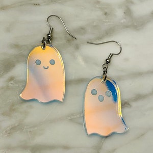 Iridescent Ghost Acrylic Earrings - Cute Ghosts - Spooky - Halloween - Boo - Laser Engraved