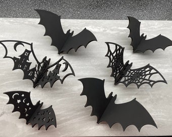 3D Wood Bats Set - Halloween Shelf or Mantle Sitter - Spooky Home Decor - Wood Decor - 3D Bats Decor - Spider Web - Haunted House - Moon