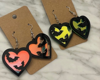 Iridescent or Lime Mirror Black Bat Heart Earrings - Laser Cut - Acrylic Earrings - halloween earrings - spooky jewelry - bat dangle earring