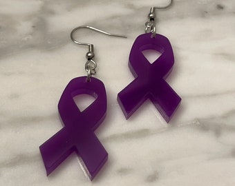 Pendientes colgantes con lazo morado para concienciación – Ganchos de acero inoxidable