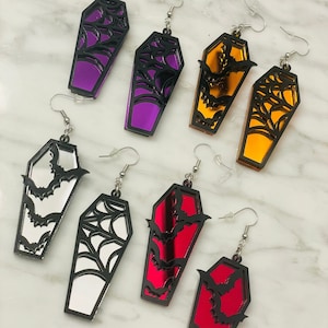 Coffin Web and Bat Acrylic Earrings - Color Options - Halloween - Gothic - Spooky - Mirrored Acrylic - Coffin - Spiderweb - Mismatch