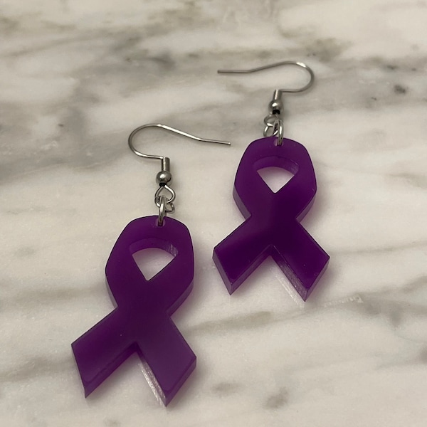 Domestic Violence Awareness Ribbon - October - Survivor - Love Shouldn't Hurt - Dangle Earrings - Purple - Overdose awareness - acrylic