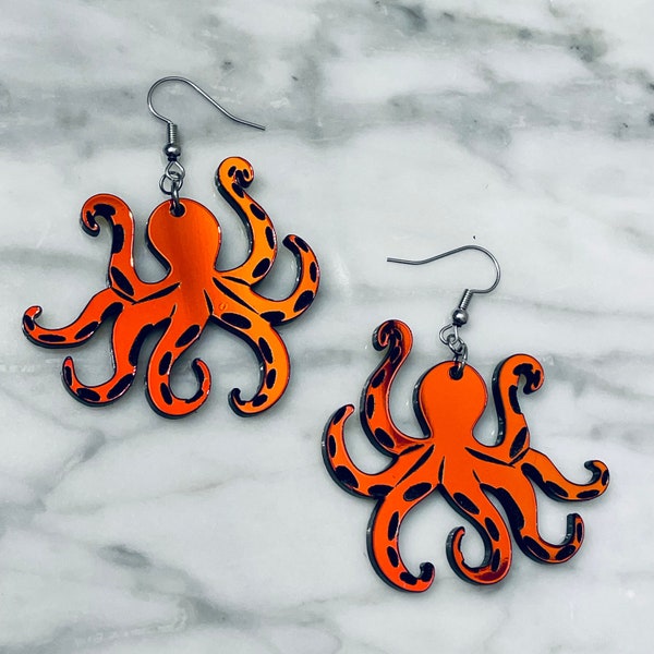 Dark Iridescent Octopus Earrings - Laser Cut Acrylic - Engraved - Ocean Animals - Sea Creatures - Gift - Statement - Color Shifting