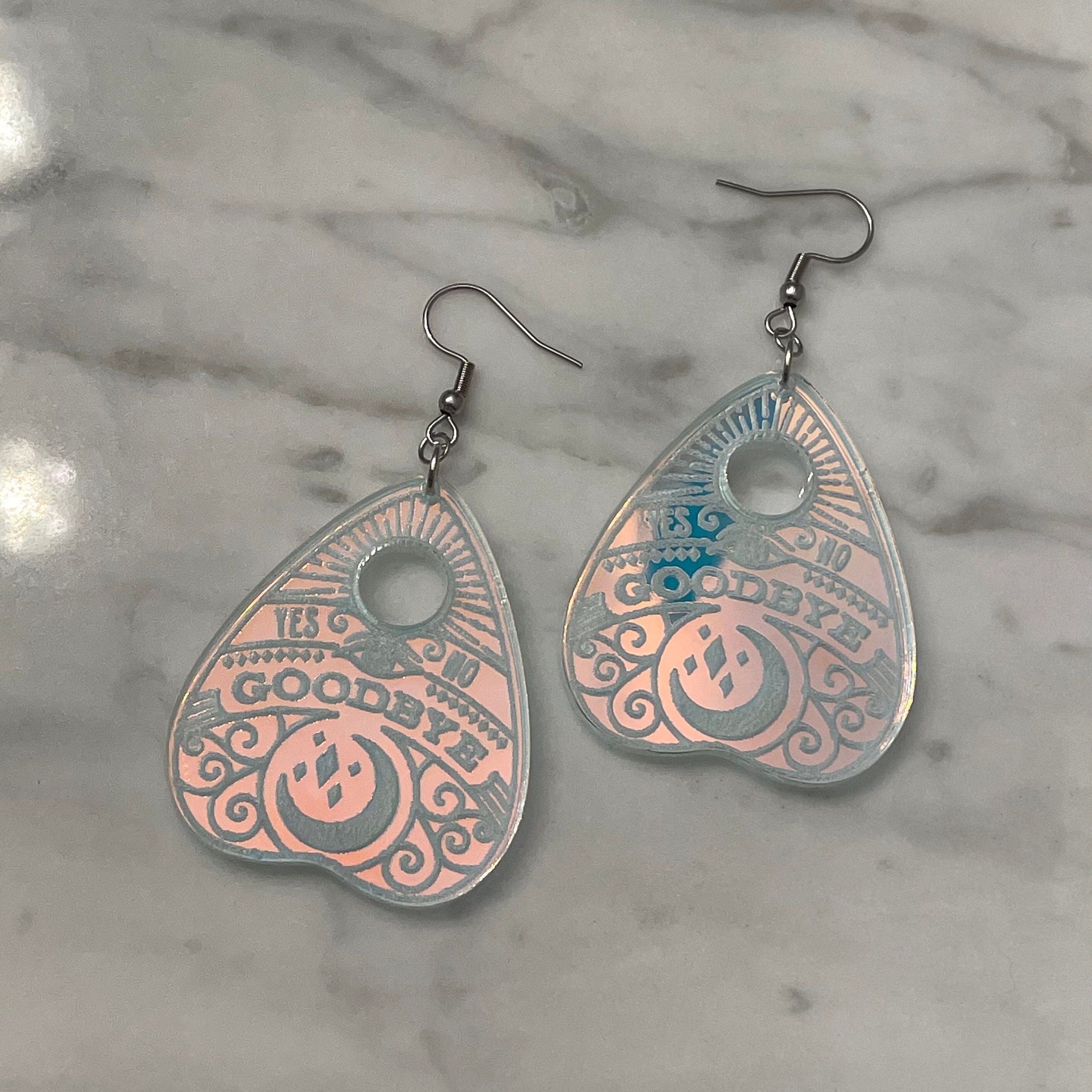 Ouija Planchette Laser Cut Iridescent Acrylic Earrings - Celestial - Halloween - Gothic - Spooky - Engraved Earrings - Spirits - Witch