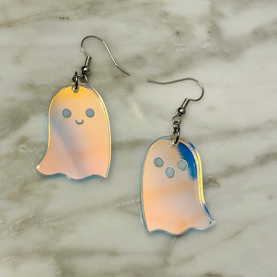 Iridescent Ghost Earrings - Laser Engraved Acrylic, Halloween Jewelry