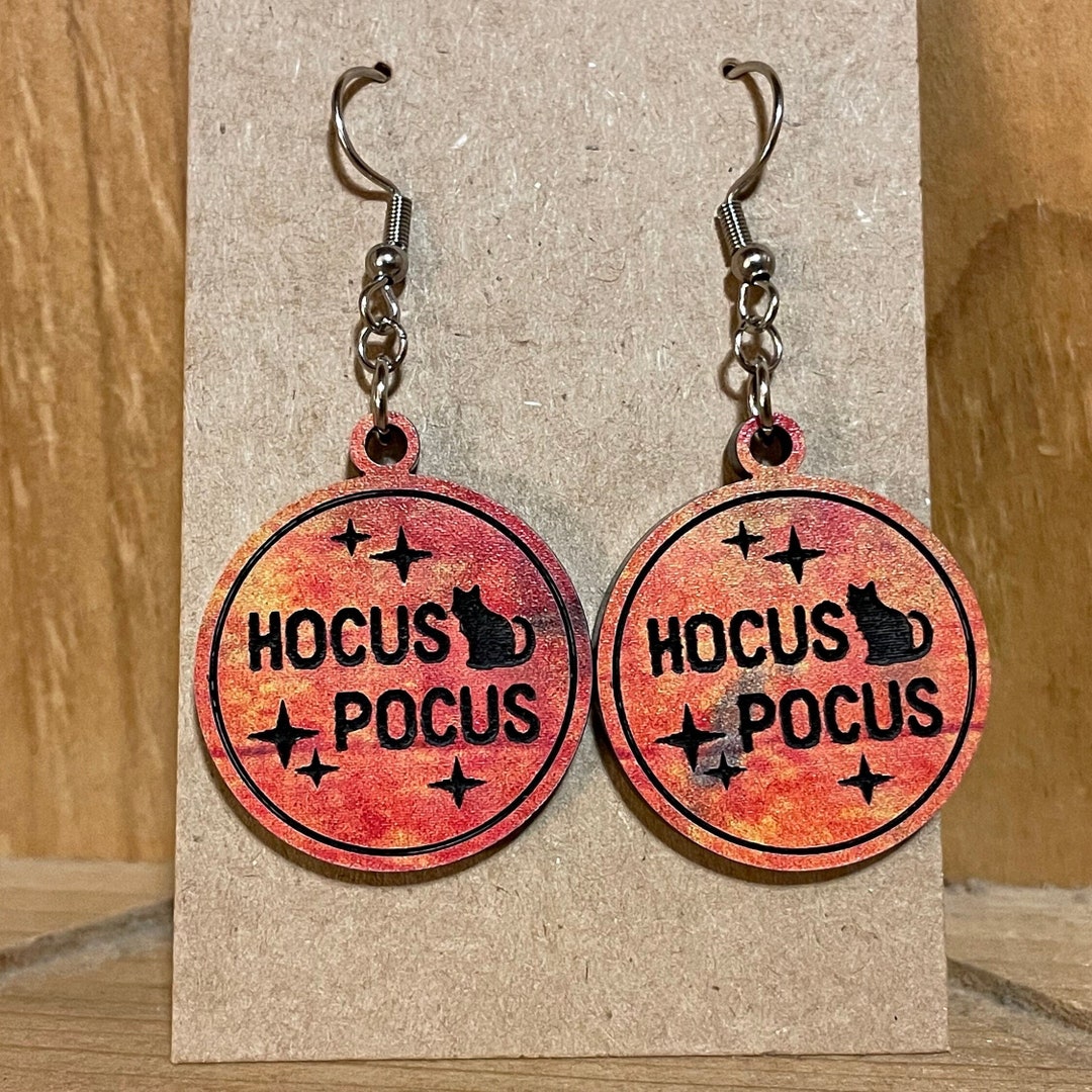 Hocus Pocus Halloween Earrings Black Cat Engraved Spooky Sanderson