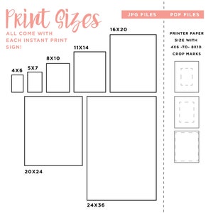 K&ouml;nnte beinhalten: Ein Diagramm, das verschiedene Druckgr&ouml;&szlig;en f&uuml;r digitale Downloads zeigt. Die Gr&ouml;&szlig;en sind in Zoll angegeben: 4x6, 5x7, 8x10, 11x14, 16x20, 20x24 und 24x36. Das Diagramm enth&auml;lt auch Informationen zu JPG- und PDF-Dateien sowie zur Papiergr&ouml;&szlig;e des Druckers mit Schnittmarken.