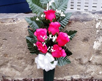Grave Flowers Vase Memorial Tribute Red Pink & White Crushed Rose Crem Pots 