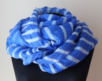 Artisan Hand Felted Blue Silk Chiffon Scarf Merino Wool Autumn Winter Accessories Gift for Her Felted Scarf Woman Scarf Wrap