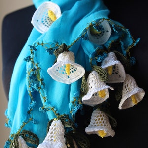Handmade Turquoise Cotton Woman Scarf Wrap decorated with Crochet Flowers Summer Scarf Wedding Shawl image 3