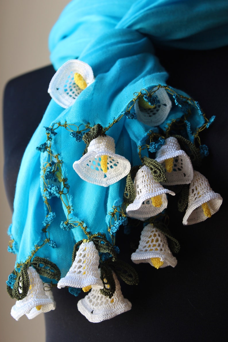 Handmade Turquoise Cotton Woman Scarf Wrap decorated with Crochet Flowers Summer Scarf Wedding Shawl image 3