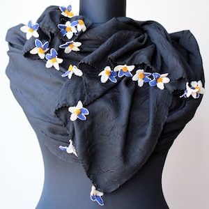 Whimsical Elegance: Handmade 100% Cotton Scarf with Enchanting Needle Lace Flowers Black Scarf