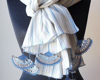 Handmade Linen White Washed Blue Striped Woman Scarf decorated with Needle Laces Summer Scarf Casual Scarf Present for Her