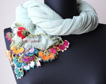 Dreamy Spring Shawl: Large Handmade Cotton Scarf/Shawl/Pareo with Multicolored Crochet Flowers - Floral Elegance, Unique Statement Piece