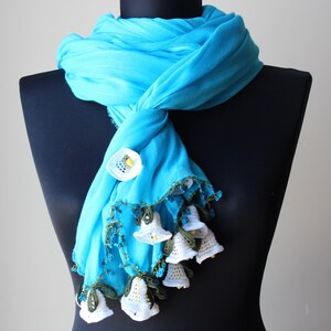 Handmade Turquoise Cotton Woman Scarf Wrap decorated with Crochet Flowers Summer Scarf Wedding Shawl image 2