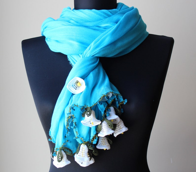 Handmade Turquoise Cotton Woman Scarf Wrap decorated with Crochet Flowers Summer Scarf Wedding Shawl image 2