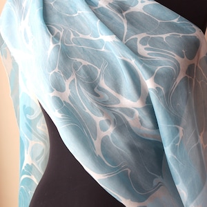 Hand Marbled Silk Chiffon Blue Turquoise Scarf