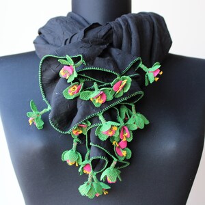 Timeless Elegance: Handmade 100% Cotton Scarf with Enchanting Needle Lace Flowers Black Scarf
