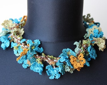 Beautiful Blue Green Turquoise Women Necklace Needle Lace Oya  Summer Accessories Gift for girl Boho Fashion Crochet  Chocker