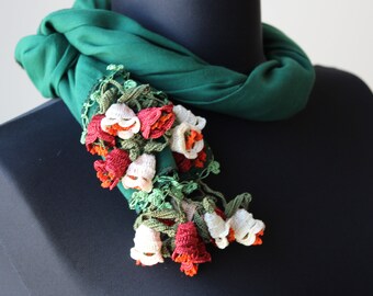 Enchanted Meadow: Handmade 100% Cotton Green Scarf with Delicate Crochet Flowers