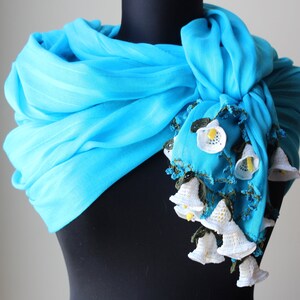 Handmade Turquoise Cotton Woman Scarf Wrap decorated with Crochet Flowers Summer Scarf Wedding Shawl image 1