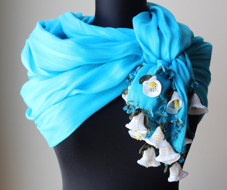 Handmade Turquoise Cotton Woman Scarf Wrap decorated with Crochet Flowers Summer Scarf Wedding Shawl image 1