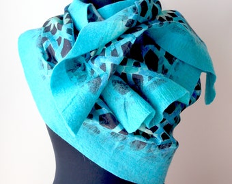 Artisan Hand Felted Black Blue Turquoise Print Satin Scarf Merino Wool Autumn Winter Accessories Gift for Her Felted Scarf Woman Scarf Wrap